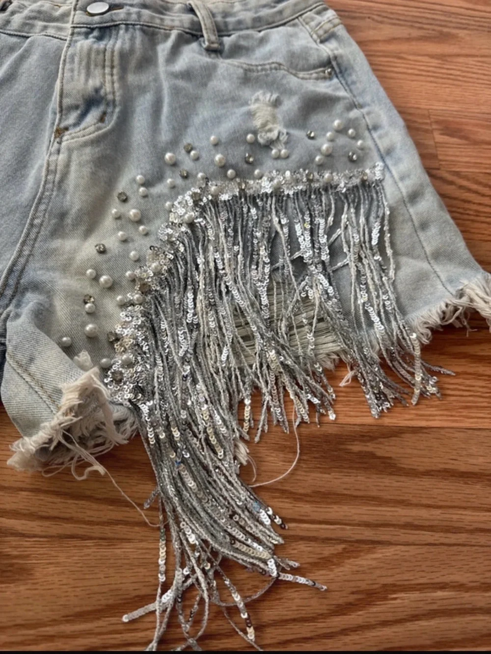 Embellished Light Blue Denim Fringe Shorts